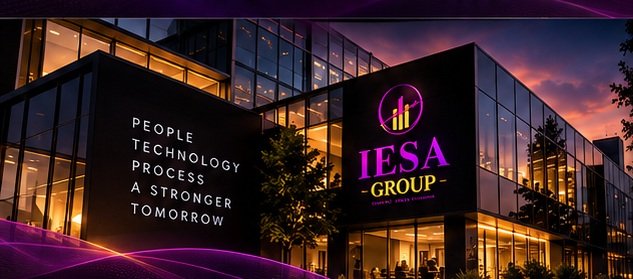 Ilustração de edifício corporativo com a identidade visual IESA Group